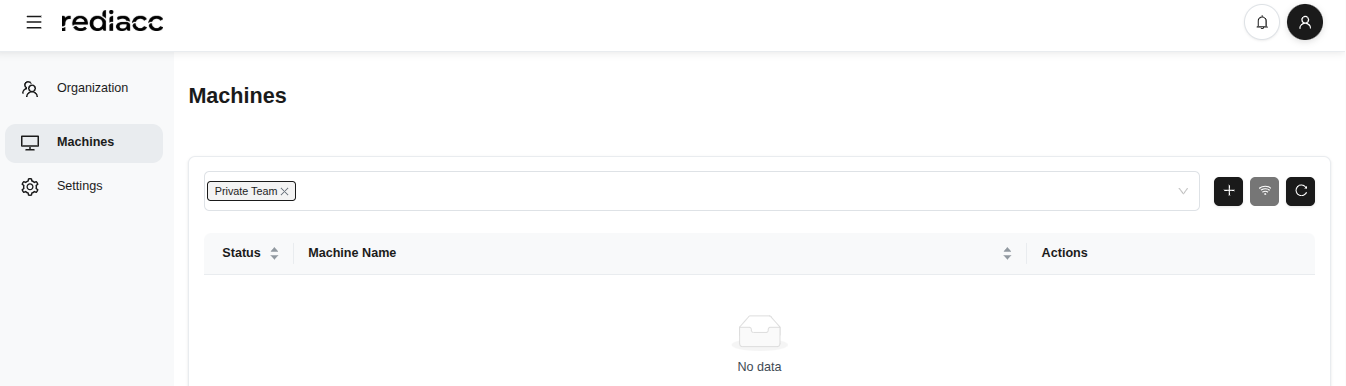Rediacc dashboard - machine list and sidebar menu