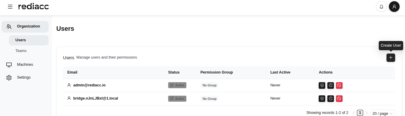 Users management page - active users list