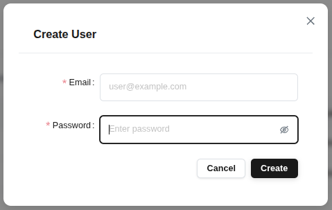 User creation modal - email and password fields