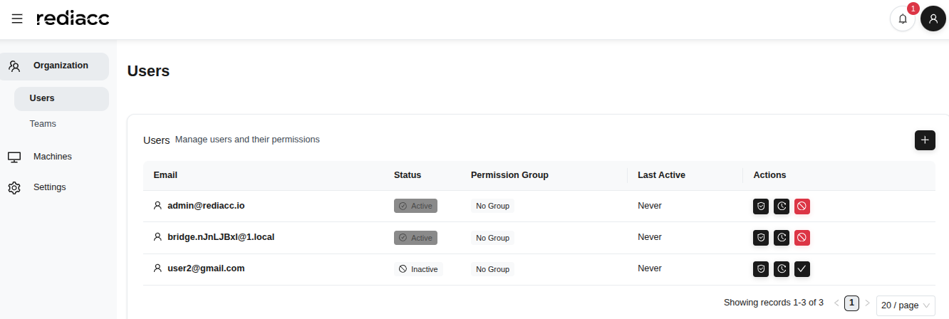 User list - full table view with three users
