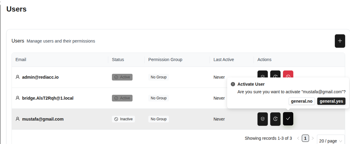 Activation confirmation modal