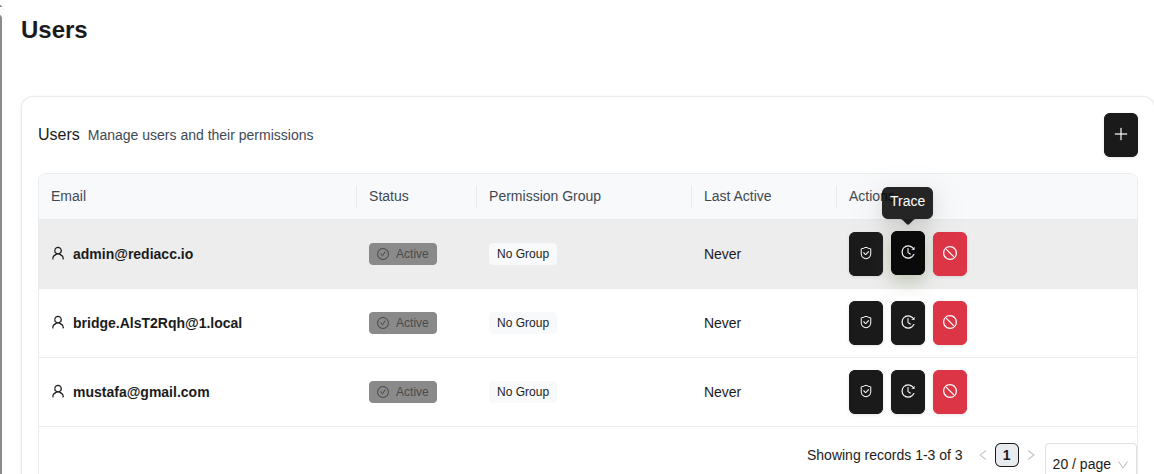 User trace - "Trace" tooltip with action button