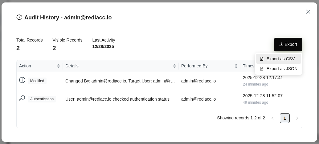 Audit History - Export options