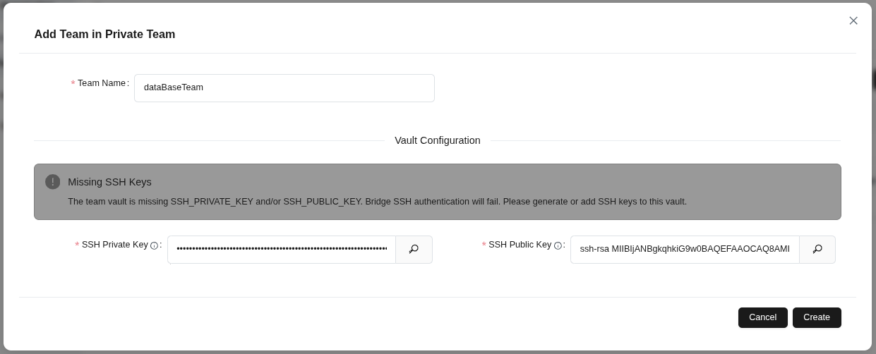 New team creation form - team name and SSH keys