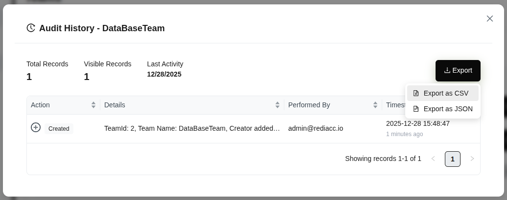 Audit history modal - DataBassTeam team