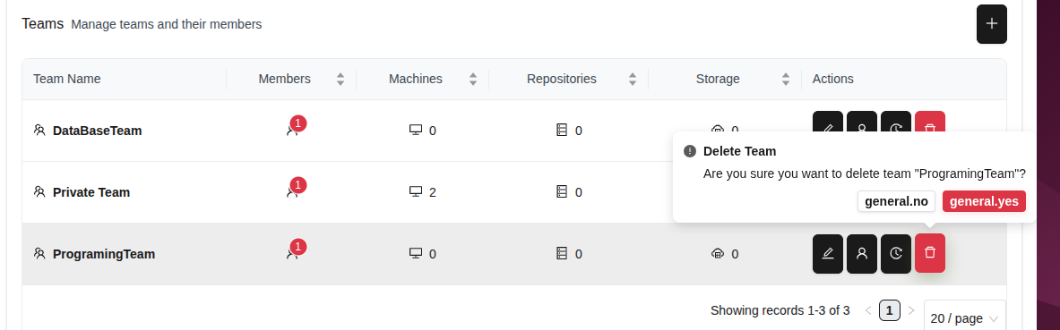 Team deletion confirmation dialog