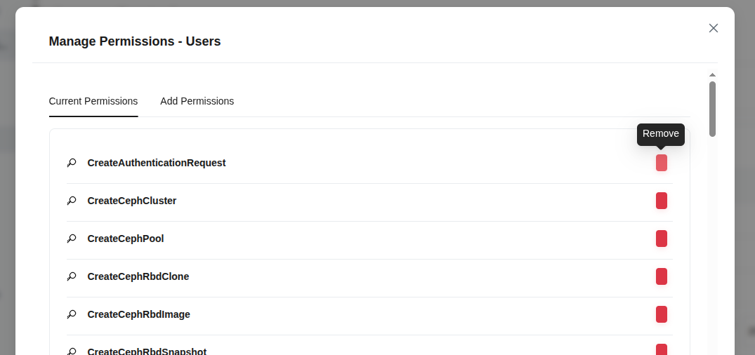 Permission management panel - assigned permissions list